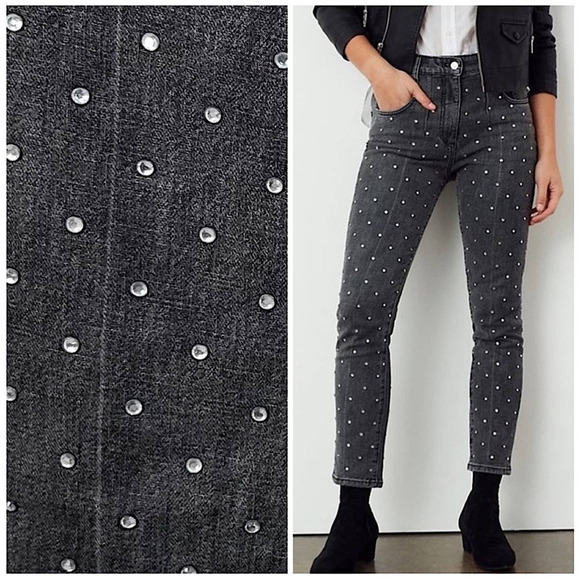 Pilcro Denim - Pilcro Ultra High-Rise Crystal Bead Studded Straight Jeans Charcoal Gray Size 31